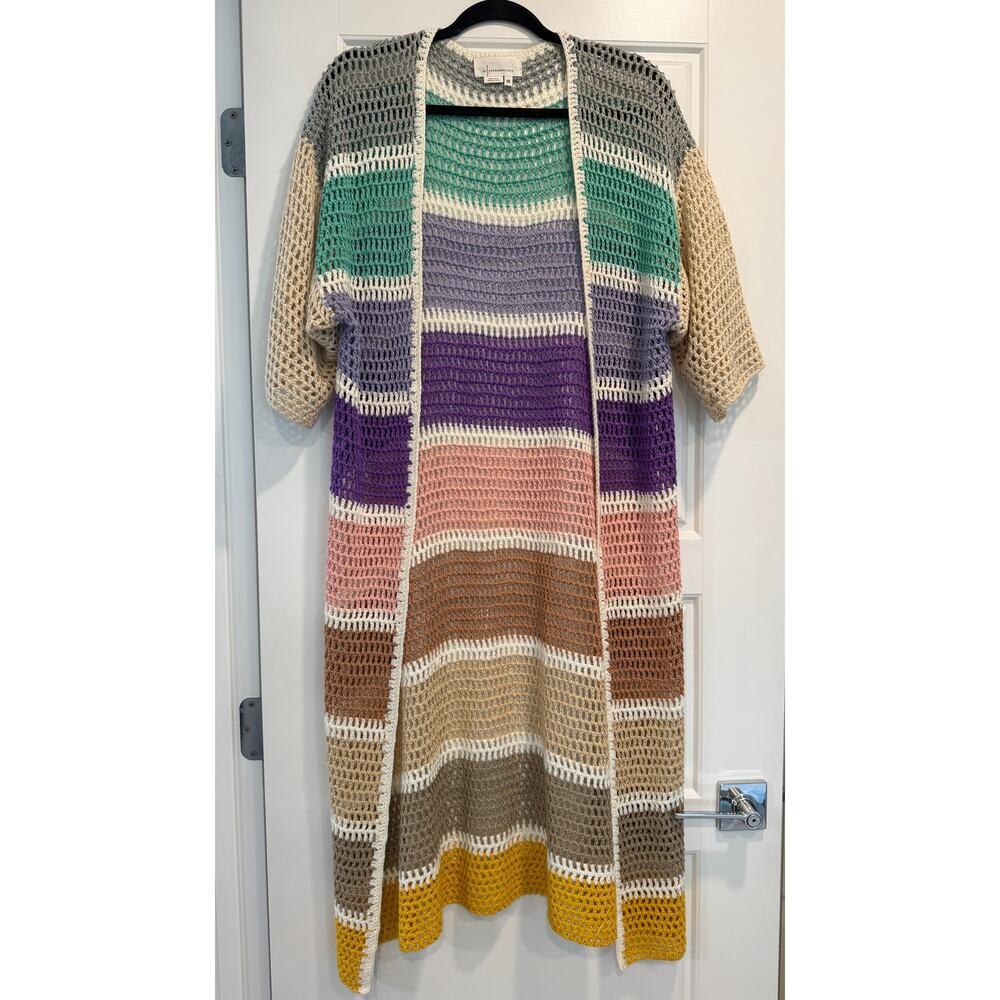 Anthropologie‎ Eliza Colorblock Crochet Open Knit Long Duster Cardigan One Size